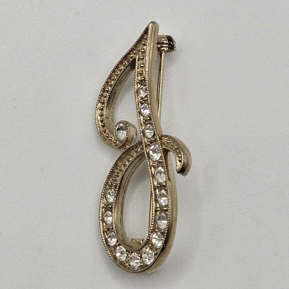 VTG Brooch Script Insignia Letter Name Monogran "J" Cursive Gold Tone Rhinestone - Picture 2 of 8